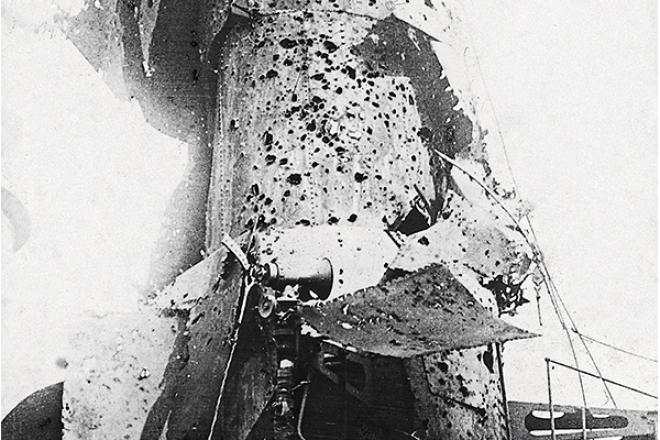 One of the funnels of the HMS Vindictive after the battle